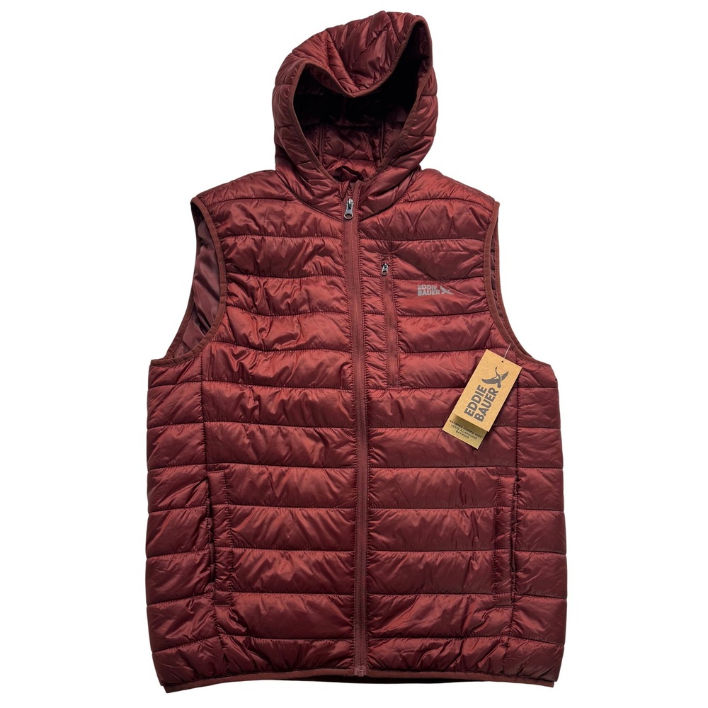 Eddie Bauer Baywood Hooded Vest Mens Medium Andorra Burgundy Red Puffer